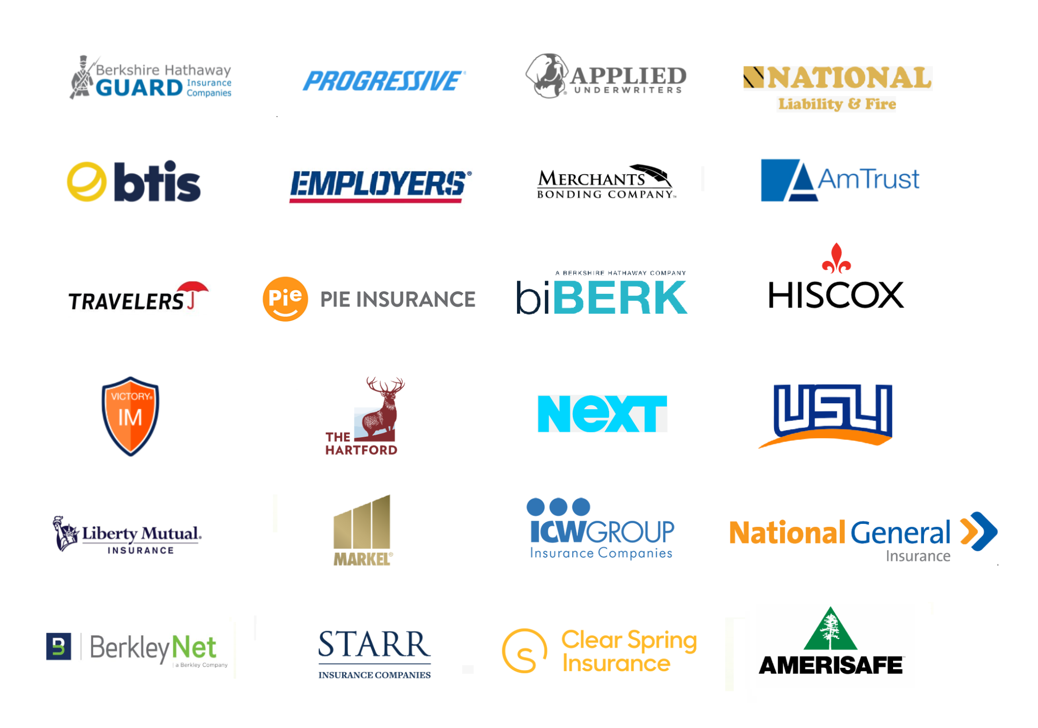 Insurance carrier logos including Employers, ICW Group, Berkshire Hathaway, AmTrust, Nationwide, CNA, Hartford, BTIS, Zenith, FFVA Mutual, Liberty Mutual, Travelers and more