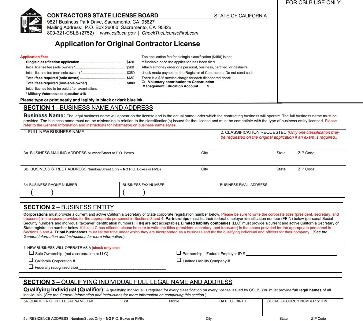 California Contractors State License Board application form for original contractor license with business information and entity sections