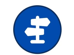 Blue circular icon with white directional signpost